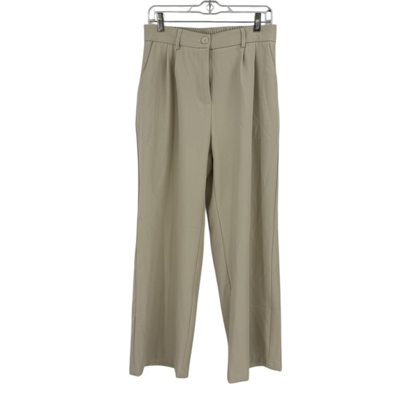 FUNYYZO Wide Leg Work Trousers High Elastic Back Waist Beige Straight Leg Pants - Picture 3 of 8